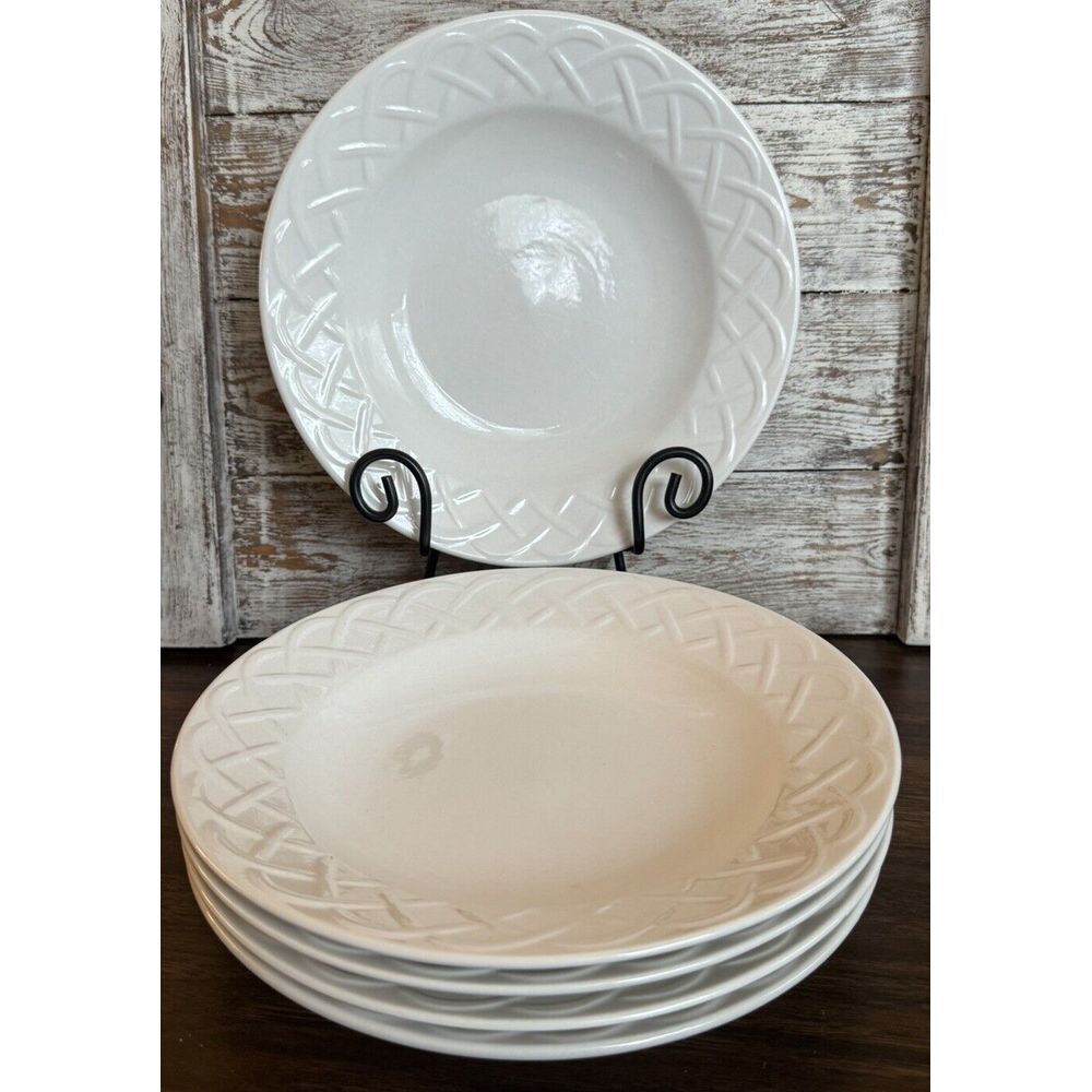 Oneida Picnic Embossed Rimmed Soup Pasta Bowls White Basket Weave 9" Set of 5
